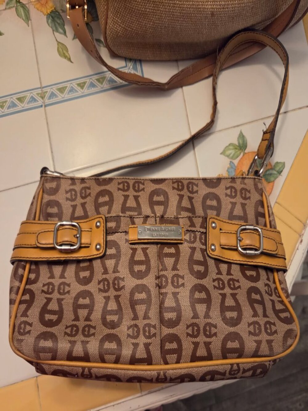 Vintage Etienne Aigner brown and yellow monogram logo canvas should bag